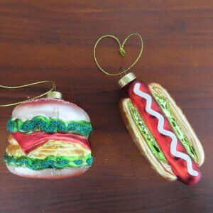 Lot of 2 Crate &Barrel Hamburg and Hot Dog with Relish glass ornament